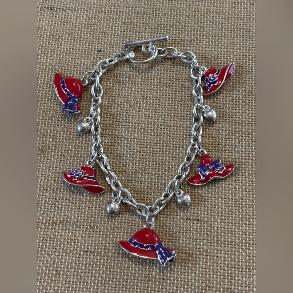 Red Hat Charm Bracelet Silver Tone Toggle Clasp Enamel Whimsical Novelty 7.5”